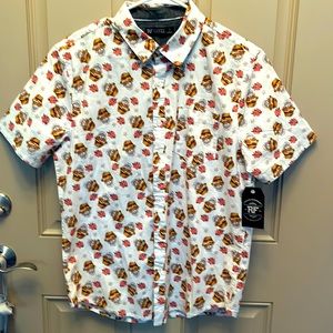 NEW Sugar Skull Camp Shirt with hibiscus flowers, S